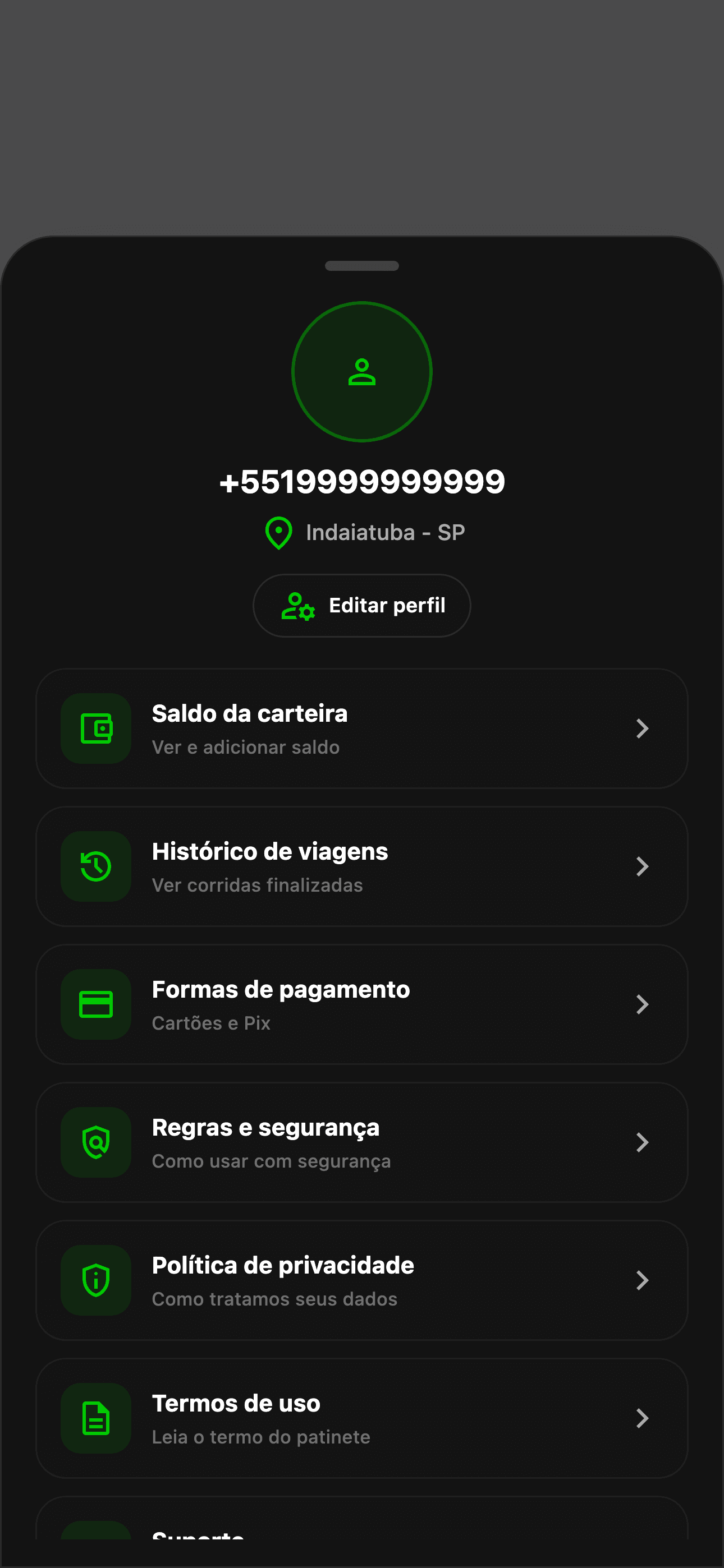 Menu do app Rizzo com saldo, histórico e regras de segurança