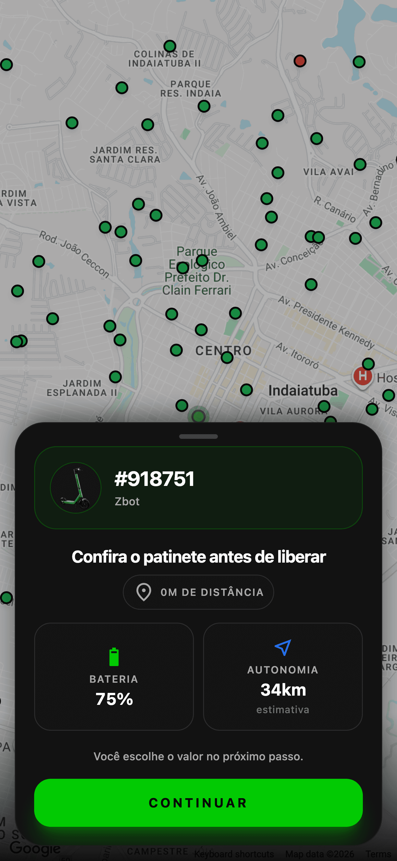 Detalhe de um patinete selecionado no app Rizzo