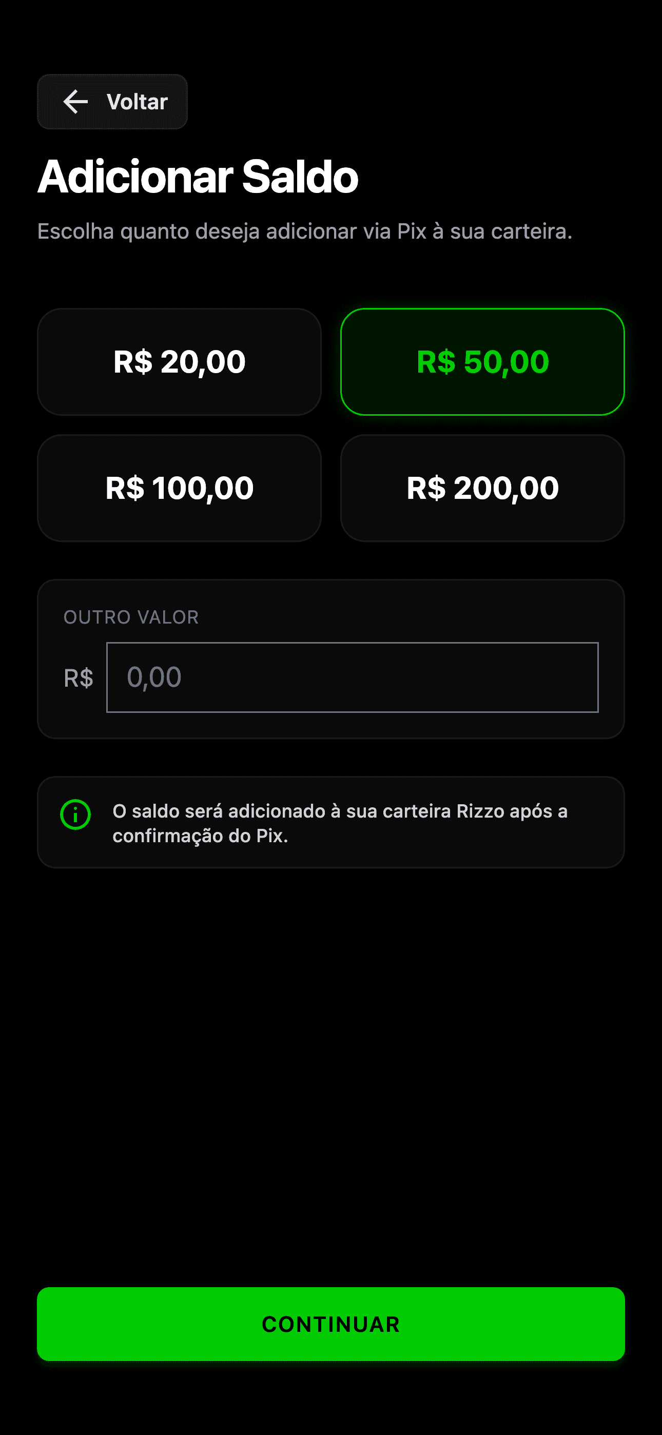 Tela de recarga de saldo do app Rizzo